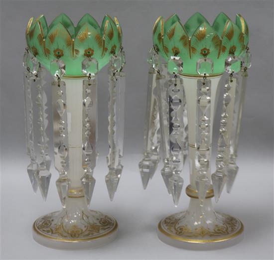 A pair of 19th century green and gilt lustres